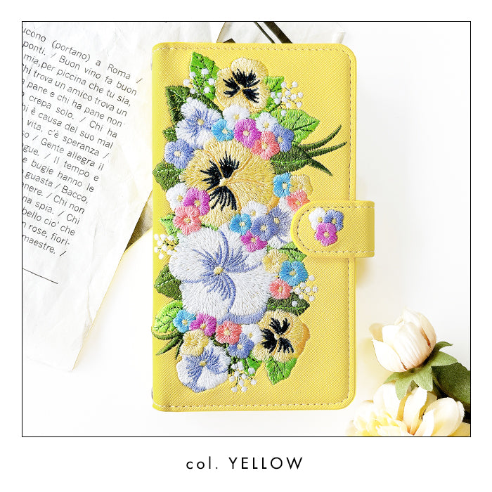 【Leo&Aoi公式ショップ】 ハンドあり パンジー 刺繍 スマホケース 手帳型ケース 100機種以上対応