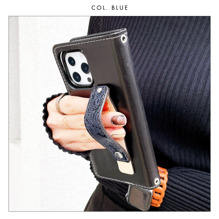 【Leo&Aoi公式ショップ】 牛革 ペイズリー スマホバンド スマホベルト 本革 レザー スマホリング 落下防止 ベルト バンド ホルダー 片手 スタンド スライドベルト スマホスタンド メンズ レディース 革 高級 型押し 【安心の返品保証付き】