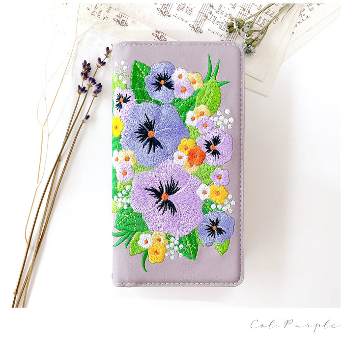 【Leo&Aoi公式ショップ】 パンジー 刺繍 スマホケース 手帳型ケース 100機種以上対応