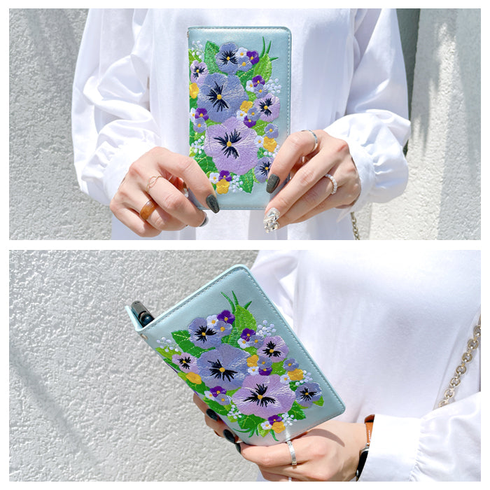 【Leo&Aoi公式ショップ】 パンジー 刺繍 スマホケース 手帳型ケース 100機種以上対応
