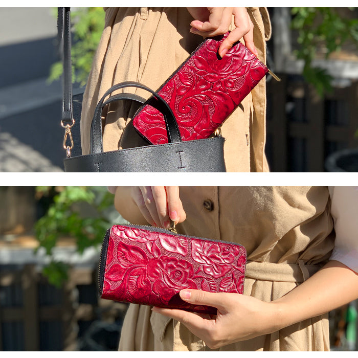 【Leo&Aoi公式ショップ】 アンティーク バラ 財布 長財布 レディース 本革 ラウンドファスナー サイフ さいふ ウォレット 革 牛革 レザー カード収納 革財布 ラウンド長財布 ラウンド財布 長サイフ 本革長財布 型押し 薔薇 ローズ ハンドメイド【安心の返品保証付き】