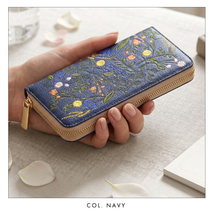 【Leo&Aoi公式ショップ】 本革 ボタニカル刺繡 長財布 財布 ラウンド型 レディース 型押し カード収納 花 [WL-R1-S4]【安心の返品保証付き】