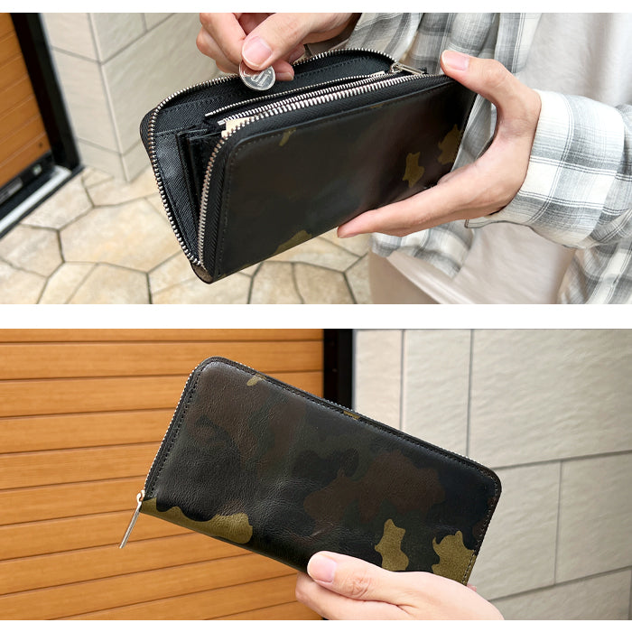 【Leo&Aoi公式ショップ】 カモフラージュ 迷彩柄 長財布 メンズ 本革 ラウンドファスナー 財布 サイフ さいふ ウォレット 革 牛革 ヌメ革 レザー カード収納 革財布 ラウンド長財布 ラウンド財布 長サイフ 本革長財布 カモフラ レディース ハンドメイド【安心の返品保証付き】
