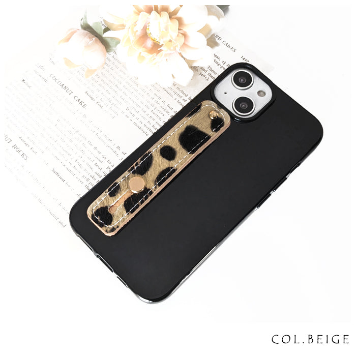 【Leo&Aoi公式ショップ】 牛革 ハラコ風 ダルメシアン スマホバンド スマホベルト 本革 レザー スマホリング 落下防止 ベルト バンド ホルダー 片手 スタンド スライドベルト スマホスタンド 牛柄 アニマル柄 レディース 女性 革 【安心の返品保証付き】