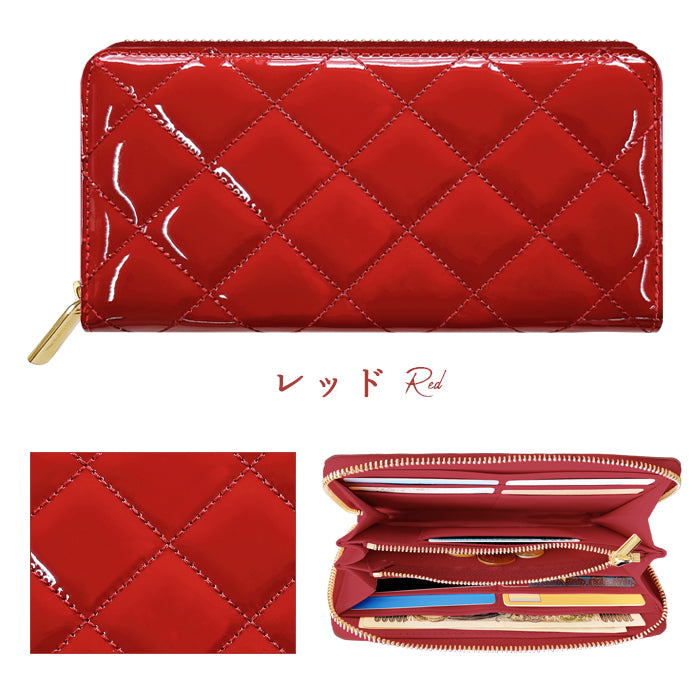 【Leo&Aoi公式ショップ】 エナメル キルティング 長財布 本革 メンズ レディース 財布 ラウンド型ファスナー 大容量 カード収納【安心の返品保証付き】