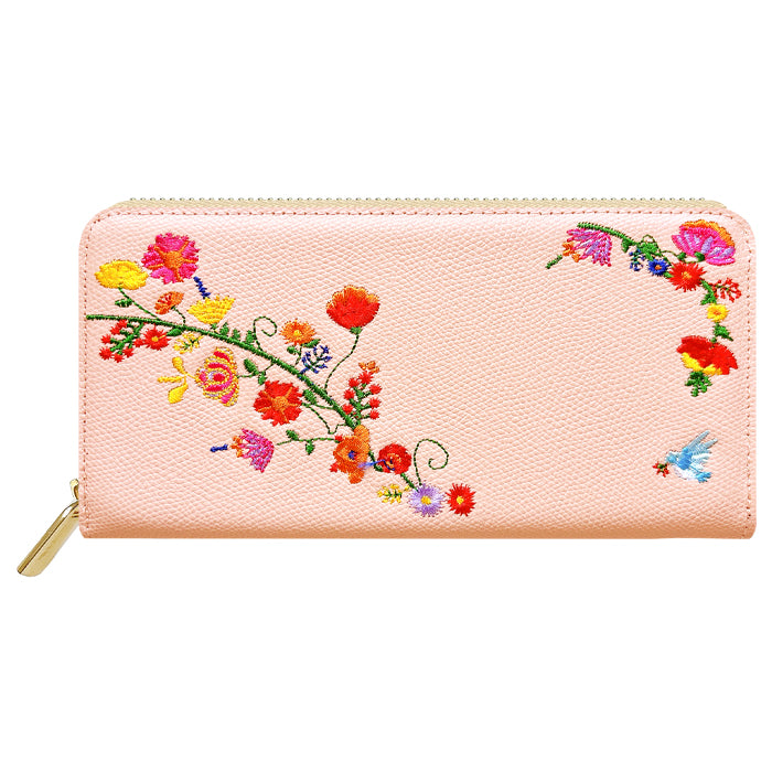 【Leo&Aoi公式ショップ】 本革 花刺繡 長財布 本革 財布 ラウンド型ファスナー レディース 型押し カード収納【WL-R1-S2】【安心の返品保証付き】