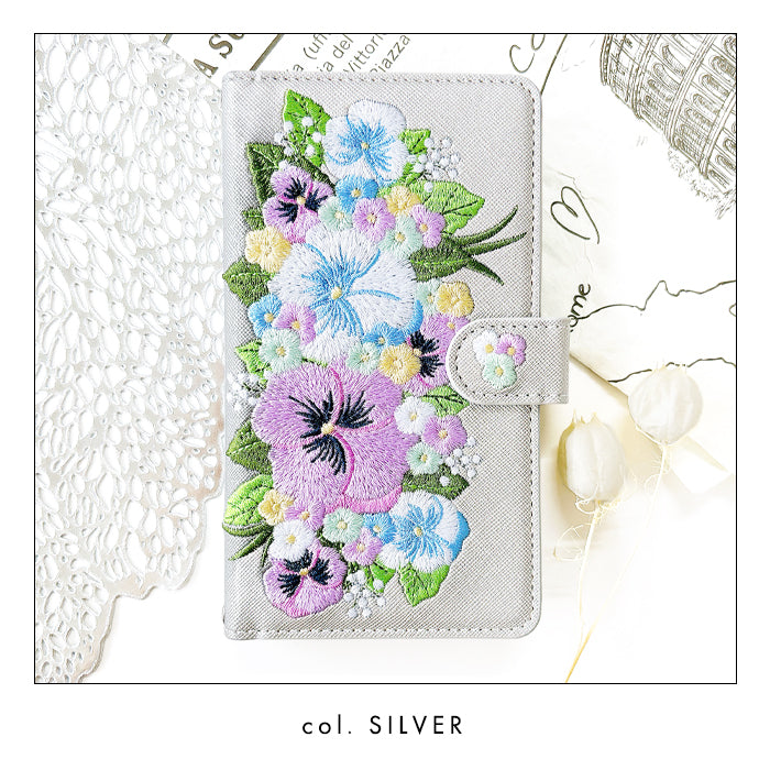 【Leo&Aoi公式ショップ】  ハンドあり パンジー 刺繍 スマホケース 手帳型ケース 100機種以上対応
