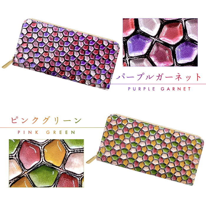 【Leo&Aoi公式ショップ】 ハニカム ステンドグラス エナメル加工 財布 長財布 レディース 本革 ラウンドファスナー サイフ さいふ ウォレット 革 牛革 レザー カード収納 革財布 ラウンド長財布 ラウンド財布 長サイフ 本革長財布 ハンドメイド【安心の返品保証付き】