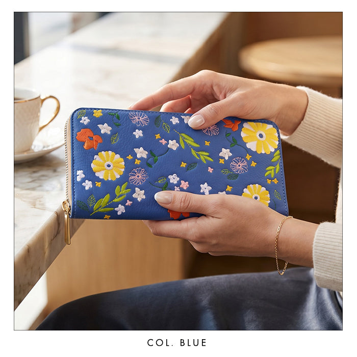 【Leo&Aoi公式ショップ】 本革 マーガレット刺繡 長財布 財布 ラウンド型ファスナー レディース 型押し カード収納 花 [WL-R1-S3]【安心の返品保証付き】