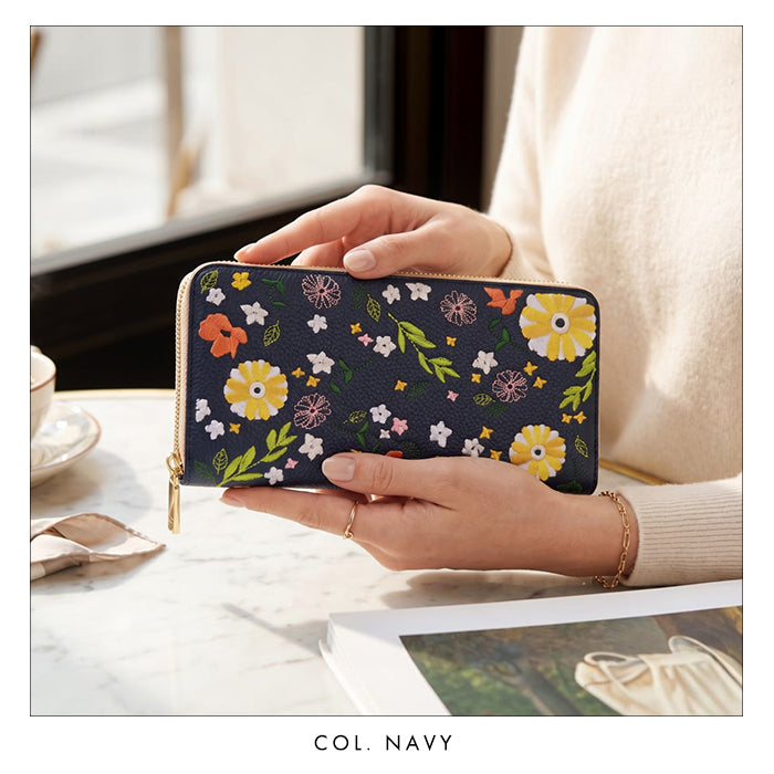 【Leo&Aoi公式ショップ】 本革 マーガレット刺繡 長財布 財布 ラウンド型ファスナー レディース 型押し カード収納 花 [WL-R1-S3]【安心の返品保証付き】