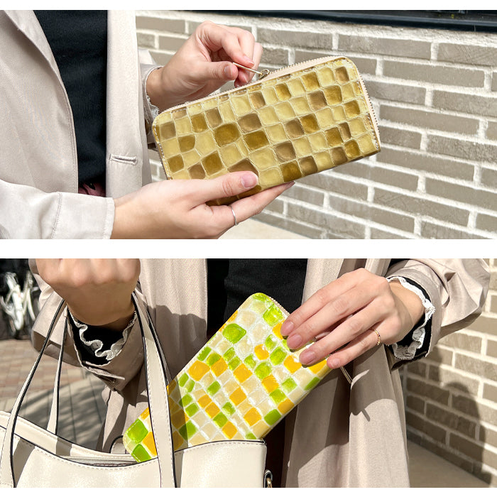 【Leo&Aoi公式ショップ】 ちょっと上品な ステンドグラス エナメル加工 財布 長財布 レディース 本革 ラウンドファスナー サイフ さいふ ウォレット 革 牛革 レザー カード収納 革財布 ラウンド長財布 ラウンド財布 長サイフ 本革長財布 ハンドメイド【安心の返品保証付き】