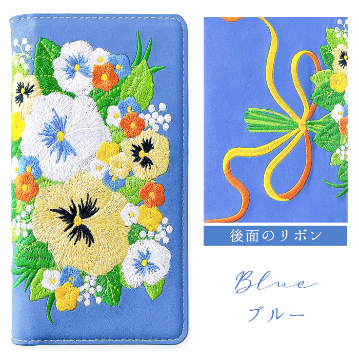 【Leo&Aoi公式ショップ】 iPhone15 ケース iPhone 15 カバー 手帳型 パンジー 刺繍 手帳型ケース アイフォン15 スマホケース 携帯ケース 【安心の返品保証付き】