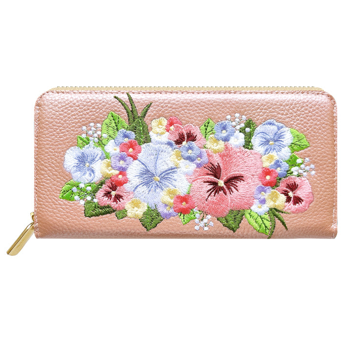 【Leo&Aoi公式ショップ】 本革 パンジー刺繡 長財布 財布 ラウンド型 レディース 型押し カード収納 花 [WL-R1-S5]【安心の返品保証付き】