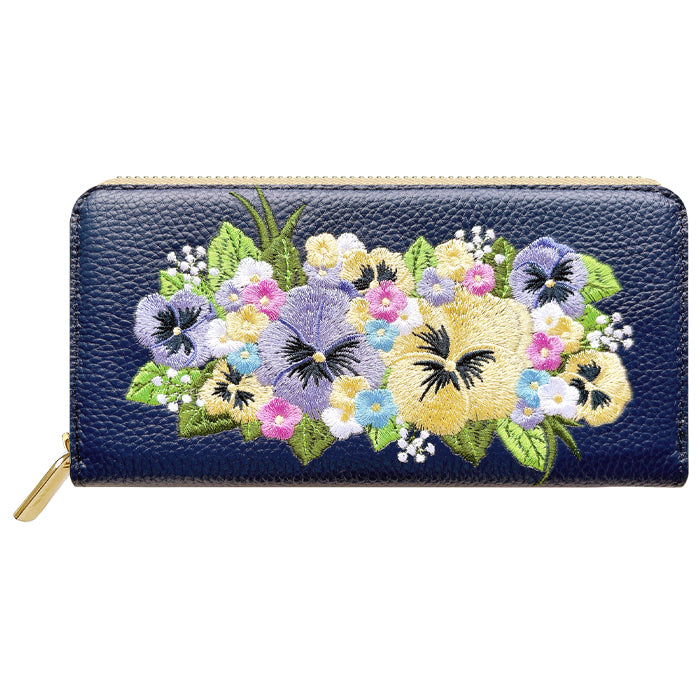 【Leo&Aoi公式ショップ】 本革 パンジー刺繡 長財布 財布 ラウンド型 レディース 型押し カード収納 花 [WL-R1-S5]【安心の返品保証付き】