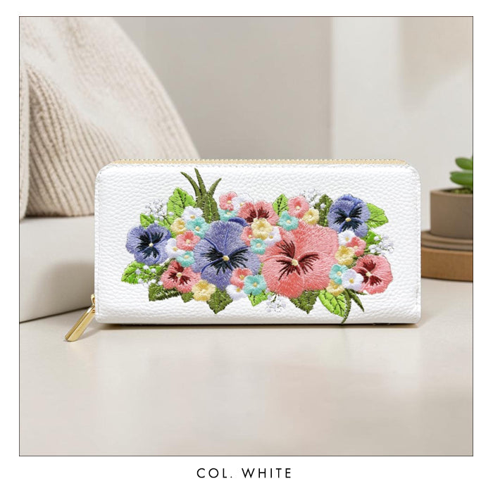 【Leo&Aoi公式ショップ】 本革 パンジー刺繡 長財布 財布 ラウンド型 レディース 型押し カード収納 花 [WL-R1-S5]【安心の返品保証付き】
