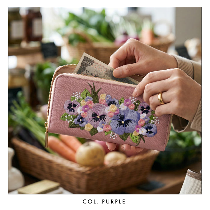 【Leo&Aoi公式ショップ】 本革 パンジー刺繡 長財布 財布 ラウンド型 レディース 型押し カード収納 花 [WL-R1-S5]【安心の返品保証付き】