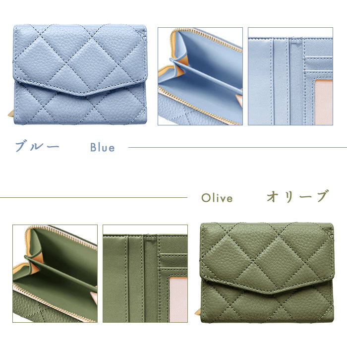 【Leo&Aoi公式ショップ】 本革 キルティング 三つ折り財布 レディース カード収納 小銭入れ コインケース付き サイフ ウォレット 革 レザー 【WM-T1-04】【安心の返品保証付き】