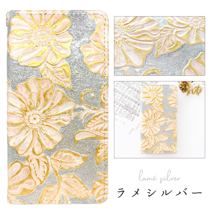 【Leo&Aoi公式ショップ】 AQUOS R9 SH-51E A401SH ケース SH-M28 カバー 手帳型 本革 ラメフラワー 型押し 手帳型ケース sh51e shm28 アクオス スマホケース 【安心の返品保証付き】
