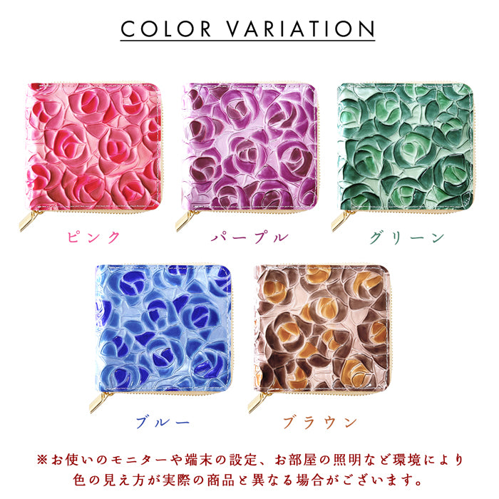 【Leo&Aoi公式ショップ】 ステンドグラスローズ ラウンド型 二つ折り財布 本革 レディース ラウンドファスナー 財布 小銭入れ 薄型 コインケース付き 薔薇 エナメル  【安心の返品保証付き】