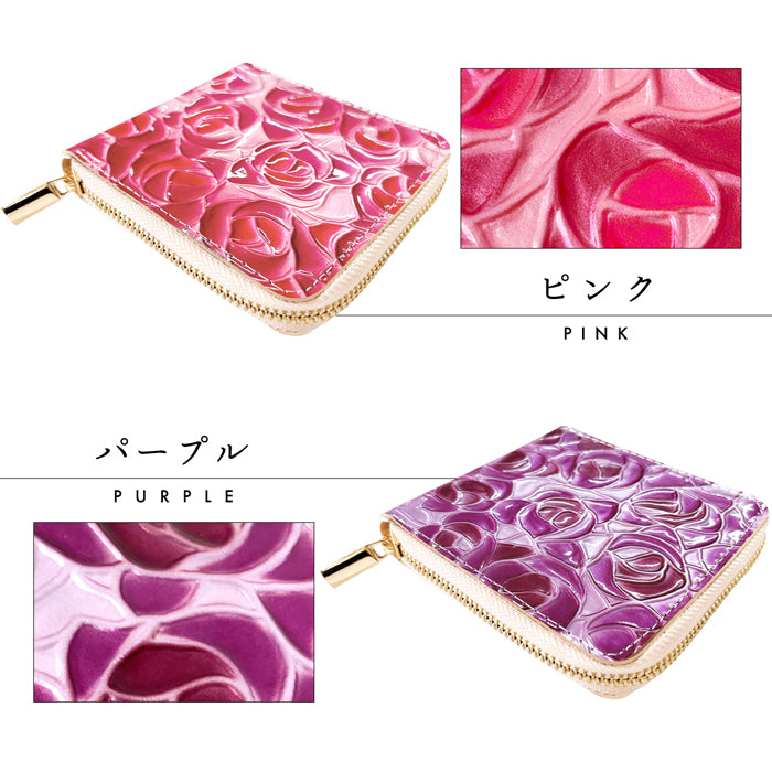 【Leo&Aoi公式ショップ】 ステンドグラスローズ ラウンド型 二つ折り財布 本革 レディース ラウンドファスナー 財布 小銭入れ 薄型 コインケース付き 薔薇 エナメル  【安心の返品保証付き】