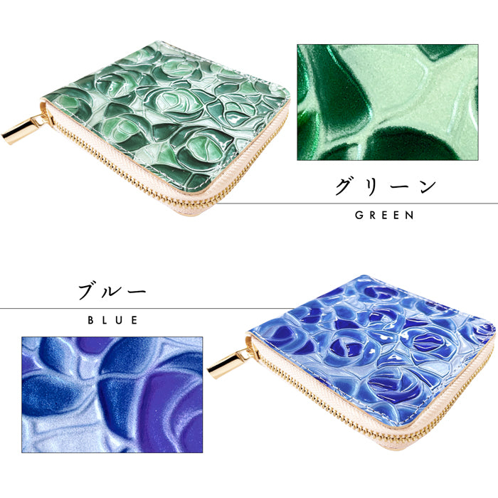 【Leo&Aoi公式ショップ】 ステンドグラスローズ ラウンド型 二つ折り財布 本革 レディース ラウンドファスナー 財布 小銭入れ 薄型 コインケース付き 薔薇 エナメル  【安心の返品保証付き】