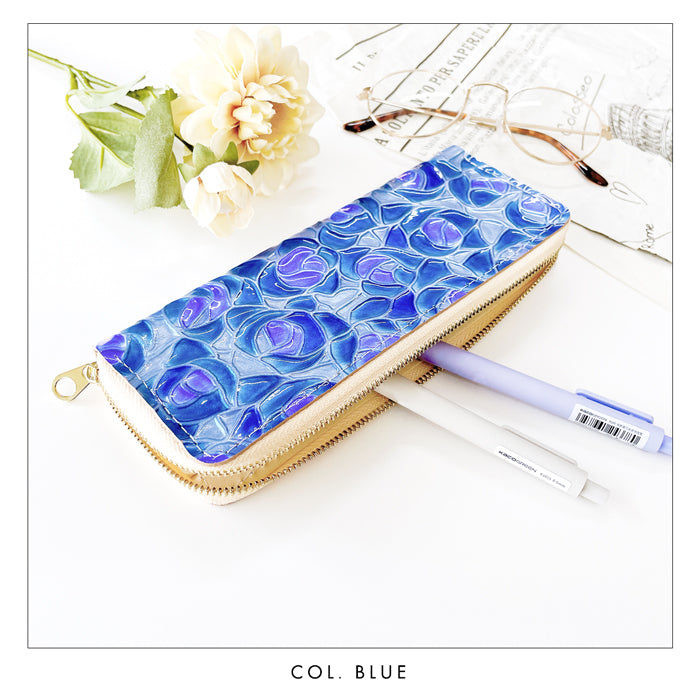 【Leo&Aoi公式ショップ】 ステンドグラスローズ ラウンド型 ペンケース 本革 筆箱 レザー ペン入れ コンパクト スリム 文具 筆記用具 ふで箱 収納 革 上品 かわいい 可愛い お洒落 高級 ペン ケース エナメル 薔薇 バラ 型押し 【安心の返品保証付き】
