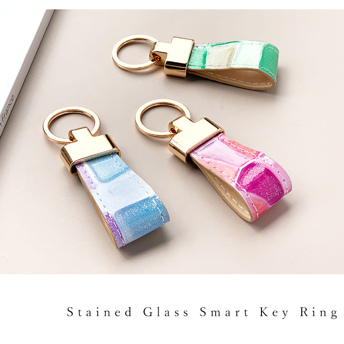 【Leo&Aoi公式ショップ】 牛革 ステンドグラス スマートキーリング 本革 キーホルダー バッグチャーム 本革キーリング レザー 鍵 カギ レディース エナメル 型押し 【安心の返品保証付き】