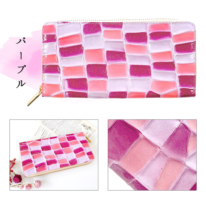 【Leo&Aoi公式ショップ】 ステンドグラス 長財布 エナメル長財布  財布 レディース 本革 ラウンドファスナー サイフ さいふ ウォレット 革 牛革 レザー カード収納 革財布 ラウンド長財布 ラウンド財布 長サイフ 本革長財布 エナメル加工 ハンドメイド【安心の返品保証付き】
