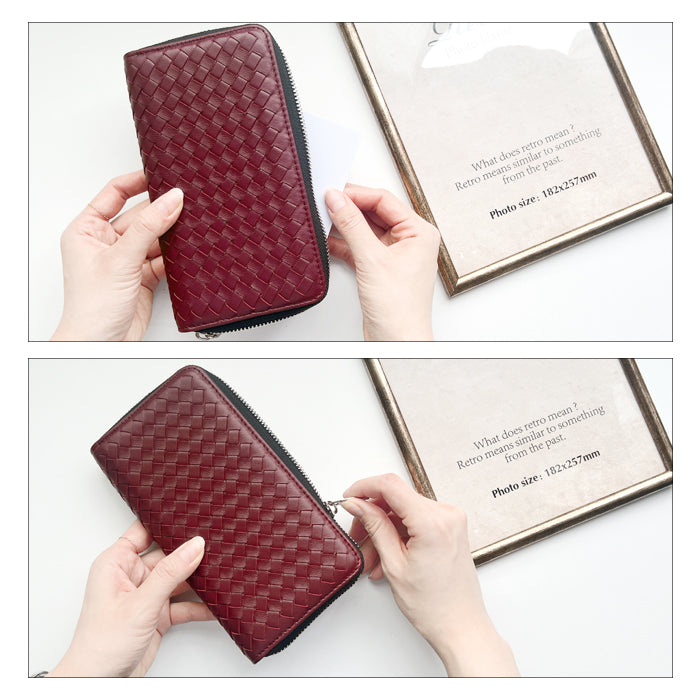 【Leo&Aoi公式ショップ】 本革 編み込み 長財布 メンズ レディース 財布 ラウンド型ファスナー 大容量 カード収納 WL-R1-08 【安心の返品保証付き】
